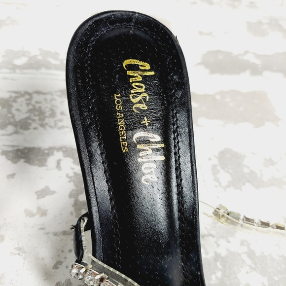 CHASE & CHLOE Double Rhinestone Pyramid Heel Sandal In Black Silver E92 - Picture 7 of 10